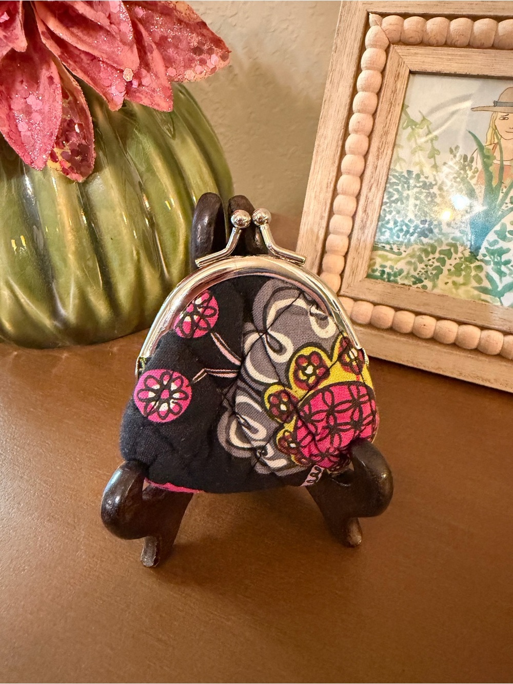 Vera Bradley Tiny Floral Kiss-Lock Coin Purse in Black & Pink